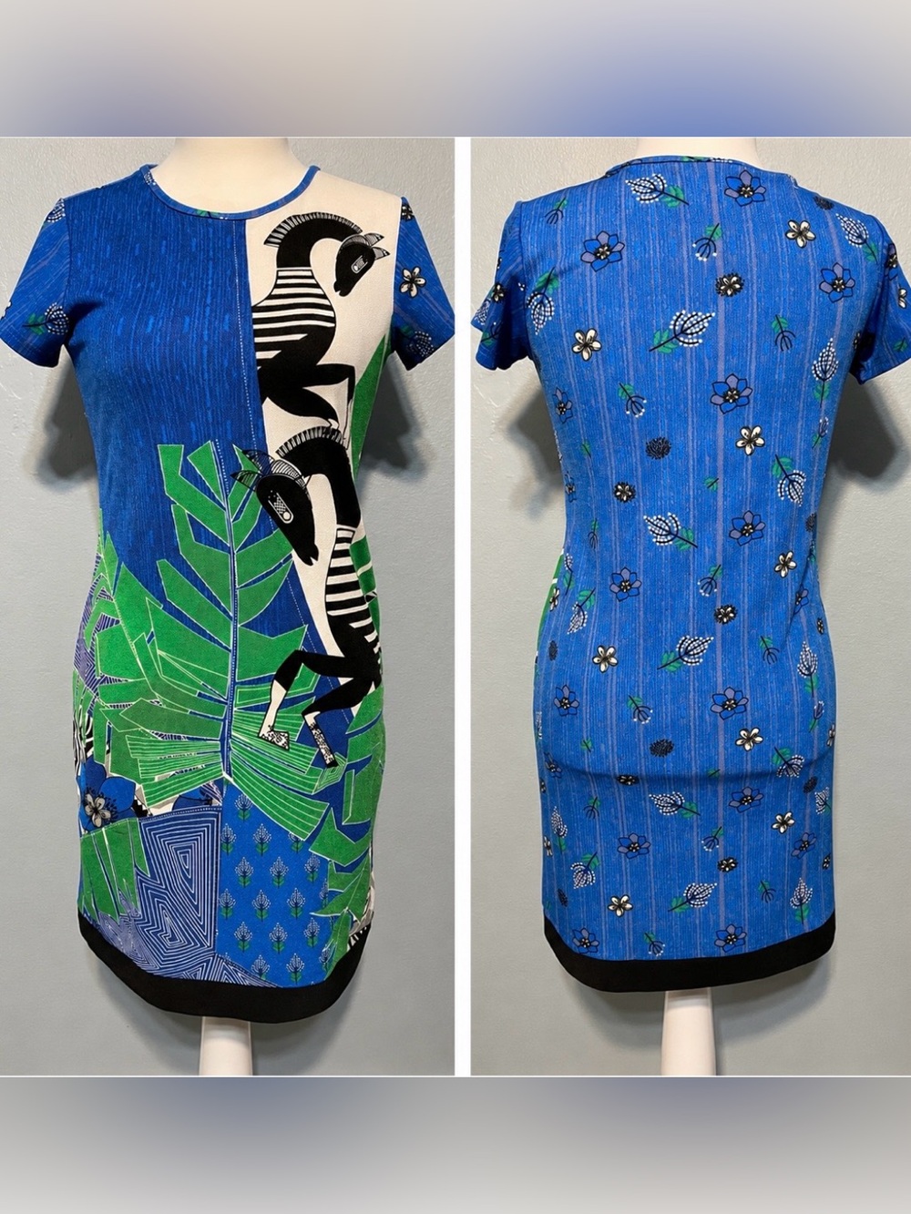 Horse Print Midi Dress Blue Green Artsy Boho Indo Western Novelty Medium